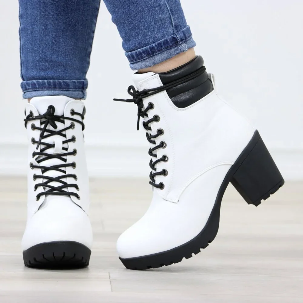 White Lace-Up Ankle Boots with Black Rugged Sole and Padded Collar - Picture 11 of 12